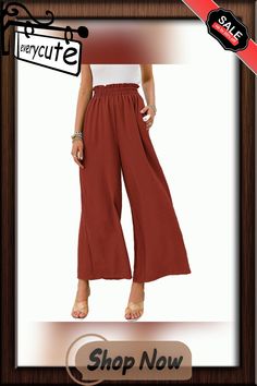 Reddish Brown Solid High Waist Pocket Wide Leg Pants Casual Burgundy Pants With Pockets, Casual Burgundy Wide-leg Pants, Red Wide Leg Pants With Pockets, Red Wide Leg Pants With Elastic Waistband, Casual Burgundy Bottoms With Pockets, Wide Leg Burgundy Pants With Pockets, Burgundy Wide Leg Pants With Pockets, Burgundy Bottoms With Pockets For Spring, Burgundy Wide-leg Pants With Pockets