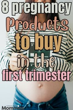 the pregnant woman is holding her laptop in her hands with text overlay that reads 8 pregnancy products to buy in the first time