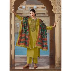 "Style: This suit is ready to wear. Just select your size Size Guide: Measurements in the size chart above are considered as body measurements. About Product : Extremely best craftsmanship of embellishments exhibited in this Salwar Kameez , . The lovely EMBROIDERY work a substantial attribute of this attire. Customize Stitching : Please Provide your complete size. We will stitch your outfit according to your size . share details chest waist hips and your height Ready made : The size of the garme Green Jamawar Sets For Eid, Eid Green Jamawar Sets, Green Straight Kurta Set In Jamawar, Semi-stitched Pista Green Palazzo Set With Pallu, Pista Green Jamawar Sets With Resham Embroidery, Pista Green Jamawar Set With Dupatta, Pista Green Jamawar Dupatta Set, Green Jamawar Sets For Navratri, Semi-stitched Pista Green Jamawar Sets