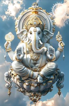 an elephant statue sitting on top of a cloud filled sky