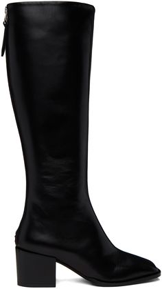 Knee-high buffed nappa calfskin boots in black. · Square toe · Zip closure at back · Single stitch in red at heel · Grained lambskin lining · Leather block heel with rubber injection · Leather sole · Heel: 2.25 Supplier color: Black Fairfax And Favor Black Boots, Zara Leather Block Heel Knee High Boots, Black Knee High Boots, Elegant Shoes, Black Knees, Night Out Outfit, Beautiful Boots, Leather Block Heels, Long Boots