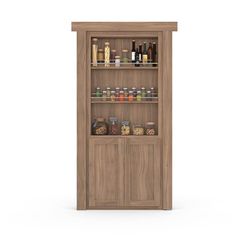 an open wooden cabinet with spices and condiments on the shelves, isolated against a white background