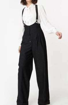 Unique Vintage Pants Suspender Size Medium Black and White Pinstripe 1930's Thelma High Waisted Cinched  Button Up with adjustable suspender straps.  Product Details: Easily removable Suspender.   Deep side pockets  Cuffed wide legs. Flat Lay Waist 14" Rise 16" Inseam 32" Female Suspenders Outfits, Black Workwear Bottoms With Suspenders, 40s Blouse, Dnd Things, Female References, Clothes Reference, Patch Dress, Suspender Pants, Mens Fashion Classic