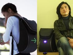 two pictures one with a backpack and the other with an electronic device