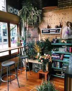 a living room filled with furniture and lots of plants on top of it's shelves