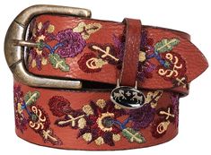 Equine Couture Veronica Leather Belt - Breeches.com Equestrian Belts, Decorative Embroidery, Womens Leather Belt, Embroidered Belt, Designer Belt, Tractor Supply, Western Hats, Brass Buckle, Jewel Tones