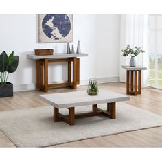 a living room scene with focus on the coffee table and two end tables in the background