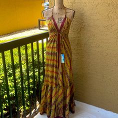 Brand New With Tags Maxi Beach Dress, So Comfy Stylish And Chic! No Rips Stains Holes Or Discoloration. Cleaned And Sanitized. Smoke Free. All Sales Are Final Yellow Boho Maxi Dress For Vacation, Fitted Multicolor Boho Dress For Vacation, Fitted Boho Sundress For Vacation, Fitted Bohemian Dress For Holiday, Fitted Green Boho Beach Dress, Fitted Green Boho Dress For Beach, Vacation Festival Dresses With Halter Neck, Fitted Holiday Sundress, Bohemian Halter Neck Dress For Holiday