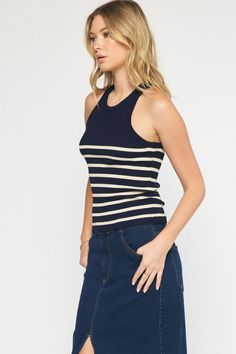 Talia Sweater Tank – The Boutique at Mira's Summer Ribbed Tank Sweater Vest, Acid Wash Sleeveless Tank Top, Summer Soft-washed Tank Top, Summer Acid Wash Soft-washed Tank Top, Beach Striped Tank Top, Midi Denim Skirt, Tank Sweater, Midi Denim, Ribbed Tank Top