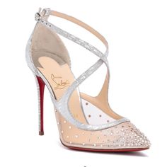 With A Crystal Encrusted Toe And Signature Red Sole, The Christian Louboutin's Twistissima Strass Is What Shoe Dreams Are Made Of. Silver Glitter And Beige Mesh Pump From Christian Louboutin. The Twistissima Has A 100mm Stiletto Heels, An Adjustable Ankle Strap, And Crystals On The Toe. True To Size Red Leather Sole Made In Italy Bnib Christian Louboutin Red Bottoms, Christian Louboutin Pigalle Follies, Red Sole Shoes, Heels Designer, Christian Louboutin Boots, Christian Louboutin Pigalle, Glitter Pumps, Red Louboutin, Jimmy Choo Heels