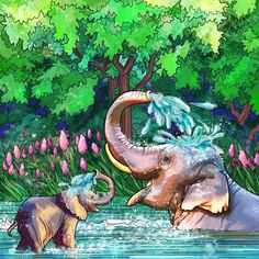 two elephants are playing in the water near some trees and flowers with their trunks spread out