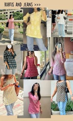 Kurti With Jeans For Diwali, Jeans Kurti Style Bollywood, Kurti Designs On Jeans, Styling Kurti With Jeans, Short Kurti Outfit For College, Casual Kurti Outfits For College, Jeans For Kurti, Jeans Kurti Style Aesthetic