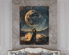 a painting on the wall of a bedroom with a bed and pillows in front of it