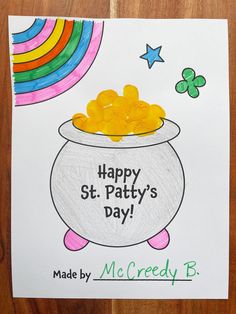 a st patrick's day card with a pot of gold coins