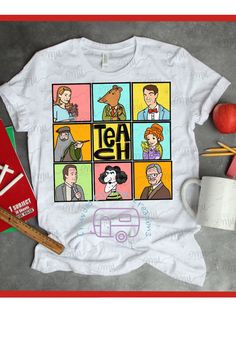 a t - shirt with an image of people on it next to some other items