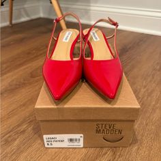 These Are Brand New, Never Been Worn, Perfect Condition. (See Photo Showing Bottom Of Heels). Comes In Box. Retail Price Is $99 Before Tax. Purchased From Macy’s To Match A New Red Purse I Bought, But The Reds Don’t Quite Match :( Too Late To Return. Super Cute And On Trend. I’m A True Us Size 8.5, And These Seem To Run Tts. Red Slingback Pumps With Heel Strap For Spring, Red Slingback Pumps With Heel Strap, Red Slingback Pumps For Spring Formal, Red Formal Slingback Pumps For Spring, Red Ankle Strap Slingback Pumps For Formal Occasions, Pointed Toe Heels With Heel Strap For Shopping, Red High Heel Slingback Pumps For Spring, Spring Slingback Pumps With Red Sole And Ankle Strap, Spring Ankle Strap Slingback Pumps With Red Sole