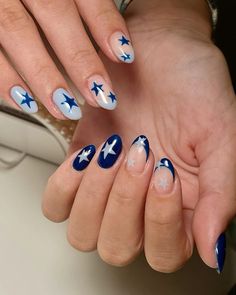 Navy Blue Nails With Stars, Navy Nails Stars, Pastel Blue Nails Design, Blue With Stars Nails, Navy Blue Nails Stars, Blue Stars Nail Art, Start Nails, Nails For January, Blue Star Nails