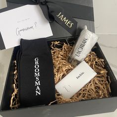 the grooms gift box contains personal items such as hand cream, body lotion and socks