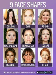 the face shape chart for different types of women's faces, with text that reads 9