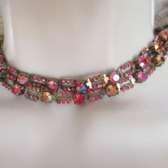 Beautiful Vintage Double Strand Choker 14 1/2" Necklace.  Pink and Red AB Rhinestones with Open Smaller Rhinestones Dark Gold Setting, Adjustable Chain Vintage Choker Necklace, Rhinestone Choker Necklace, Vintage Choker, Rhinestone Choker, Dark Gold, Red Rhinestone, Pink And Red, Marc Fisher, Favorite Jewelry