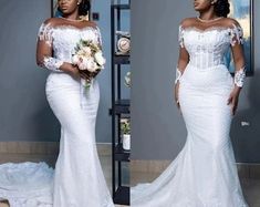 two photos of a woman in white wedding dresses, one is wearing an off the shoulder dress