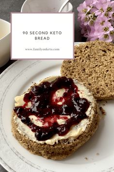 a close up of a sandwich on a plate with flowers in the background and text overlay