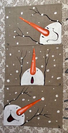 three paintings of snowmen with carrots in their mouths and numbers on the wall