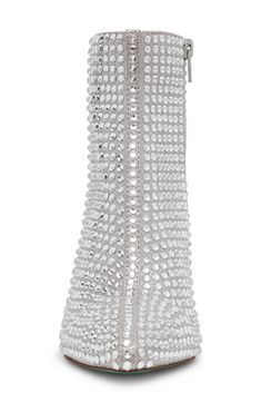 Step out in glam style with this rhinestone-encrusted pointy-toe bootie fashioned with a glossy block heel to complete the instantly iconic look. 3 1/2" heel 4" shaft Side zip closure Textile upper/synthetic lining and sole Imported Chic Embellished Heeled Boots For Evening, Glamorous Embellished Evening Boots, Glamorous Evening Embellished Boots, Chic Embellished Heeled Boots For Night Out, Chic Sparkling Evening Boots, Glamorous Embellished Heeled Boots For Party, Chic Rhinestone Heeled Boots For Party, Chic Rhinestone-embellished Boots For Formal Events, Chic Party Heeled Boots With Rhinestones