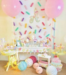 a birthday party with balloons, cake and confetti