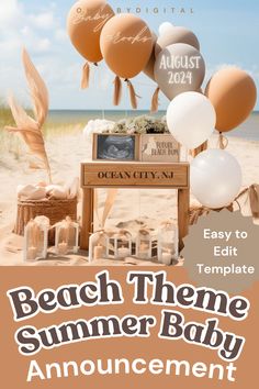 editable pregnancy announcement template beachside theme with balloons Baby Announcement Beach, Digital Announcement