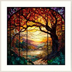 a stained glass window with trees and water in the background