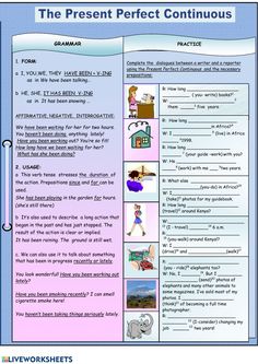 the present perfect continuous tense worksheet with pictures and words in english or spanish