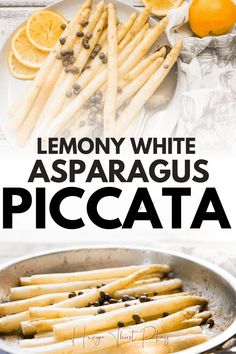 lemony white asparagus piccata in a pan with text overlay