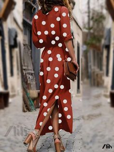 Zlily - Womens Plus Size Casual Maxi Dress featuring Elegant Dot Print, Button Up Closure, Long Sleeves, and Turn Down Collar Flattering Maxi Dress, Casual Maxi Dress, Maxi Shirts, Maxi Dresses Casual, Printed Maxi, Tee Dress, Plus Size Casual, Dot Print, Autumn Summer