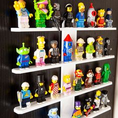 legos are arranged on shelves in the shape of simpsons characters