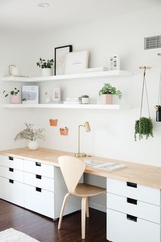 a white desk with some plants on the top and shelves above it, along with other office supplies