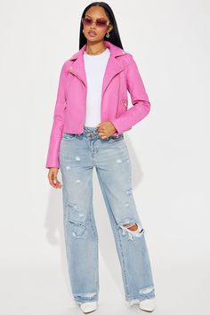 Available In Pink/Pink. Vegan Leather Jacket Moto Collar Long Sleeve Shell: 100% PU Lining 100% Polyester Imported | Out For A Ride Vegan Leather Moto Jacket in Pink size 2X by Fashion Nova Pink Jean Jacket Outfit, Pink Jean Jacket, Jean Jacket Outfits, Vegan Leather Jacket, Jacket Fashion, Pink Jeans, Leather Moto, Leather Moto Jacket, Pink Pink