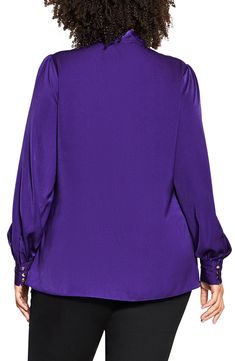 A tie accent at the neckline elevates this billowy long-sleeve top that easily takes you from the office to a dinner date. 31" length Split neck with ties Long sleeves with button-and-loop cuffs 100% polyester Hand wash, dry flat Imported Elegant Long Sleeve Top For Work In Fall, Formal Long Sleeve Tops With Blouson Sleeves, Fall Night Out Blouse With Tie Neck, Formal Lantern Sleeve Tops For Fall, Fall Tie Neck Top For Night Out, Fall Tie Neck Blouse, Purple Long Sleeve Blouse For Night Out, Purple Long Sleeve Blouse For Work, Fall Date Night Blouse With Blouson Sleeves