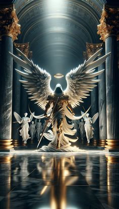 an angel standing in front of some pillars with angels around him and holding two swords