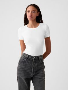 Modern T-Shirt Bodysuit | Gap Everyday Stretch Bodysuit With Scoop Neck, Stretch Scoop Neck Bodysuit For Everyday, Everyday Scoop Neck Bodysuit, Classic Cotton Fitted Bodysuit, Everyday Fitted Cotton Bodysuit, Fitted Cotton Bodysuit For Everyday Wear, Trendy Stretch Crew Neck Short Sleeve Bodysuit, Casual Short Sleeve Elastane Bodysuit For Summer, Classic Fitted Gap Tops