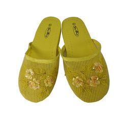 Girl's Kid's Child's Solid Color and Sequin Floral Beaded Mesh Chinese Slippers Size: 2.  Color: Yellow.  Gender: female.  Age Group: kids. Chinese Slippers, Dress Sandals Flat, Floral Slippers, Red Slippers, Floral Sandals, Glitter Sandals, Comfortable Slippers, Bling Shoes, Glitter Dress