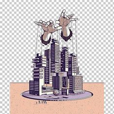 two people hanging upside down from the sky in front of tall buildings with their hands up