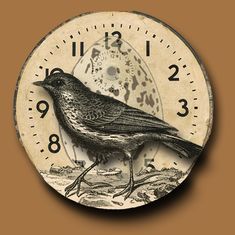 a clock with a bird painted on it's face and numbers in the background