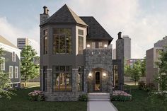 this is an artist's rendering of a house in the city with stone and brick