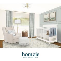 a baby's room with blue walls and white furniture