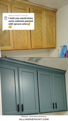 the kitchen cabinets have been painted blue and are in need of remodeling