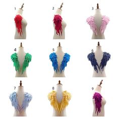 six different colors of feathers on a mannequin