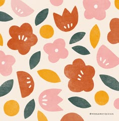 an orange, pink and yellow flower pattern on a white background with green leafy leaves