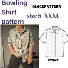 a man wearing a bowling shirt and jeans is shown with the pattern for his shirt