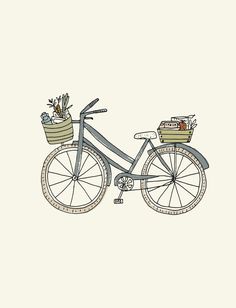 a drawing of a bicycle with flowers in the basket